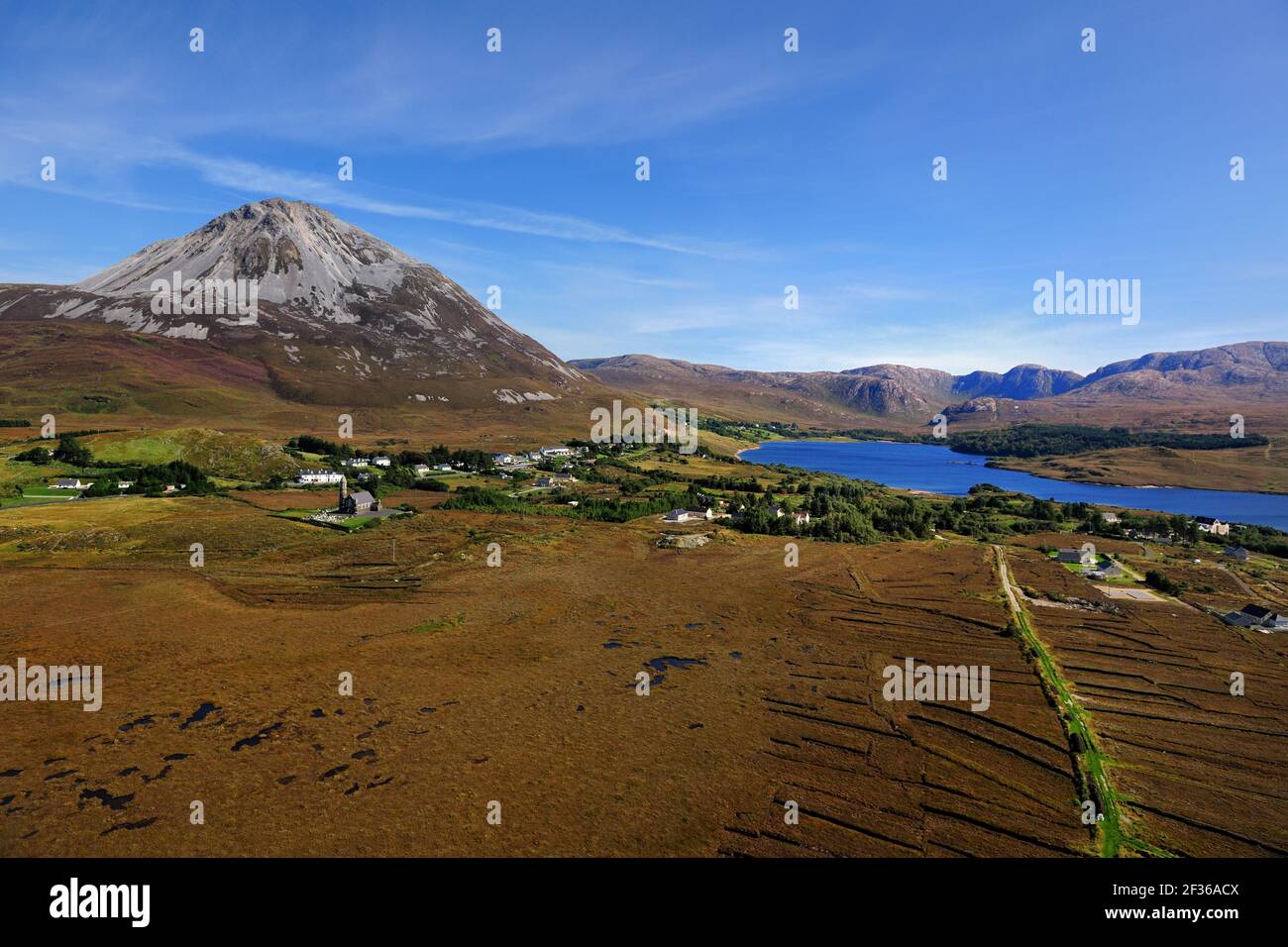 Errigal und Dunlewy Lough, South of Money, Derryveagh Mountains, County Donegal GPS: Breite: N 55 1,884' (55 1'53,0') GPS: Länge: W 8 9,419' Stockfoto