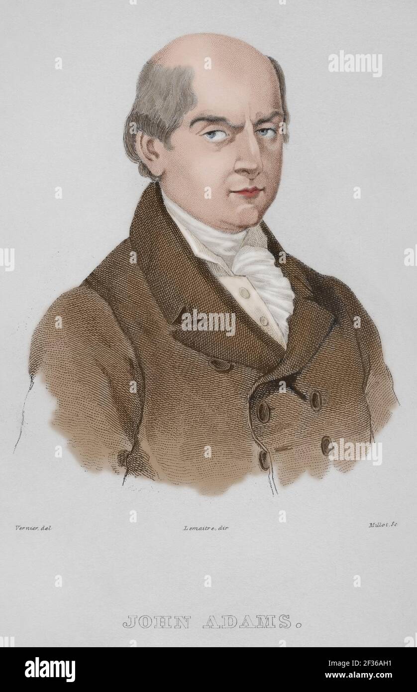 John Adams (1735-1826). Amerikanischer Politiker. Führer der amerikanischen Revolution. Zweiter Präsident der Vereinigten Staaten von Amerika (1797-1801). Hochformat. Gravur von Vernier. Panorama Universal. Geschichte der Vereinigten Staaten von Amerika, von 1st Ausgabe von Jean B.G. Roux de Rochelle's Etats-Unis d'Amérique im Jahr 1837. Spanische Ausgabe, gedruckt in Barcelona, 1850. Spätere Färbung. Stockfoto