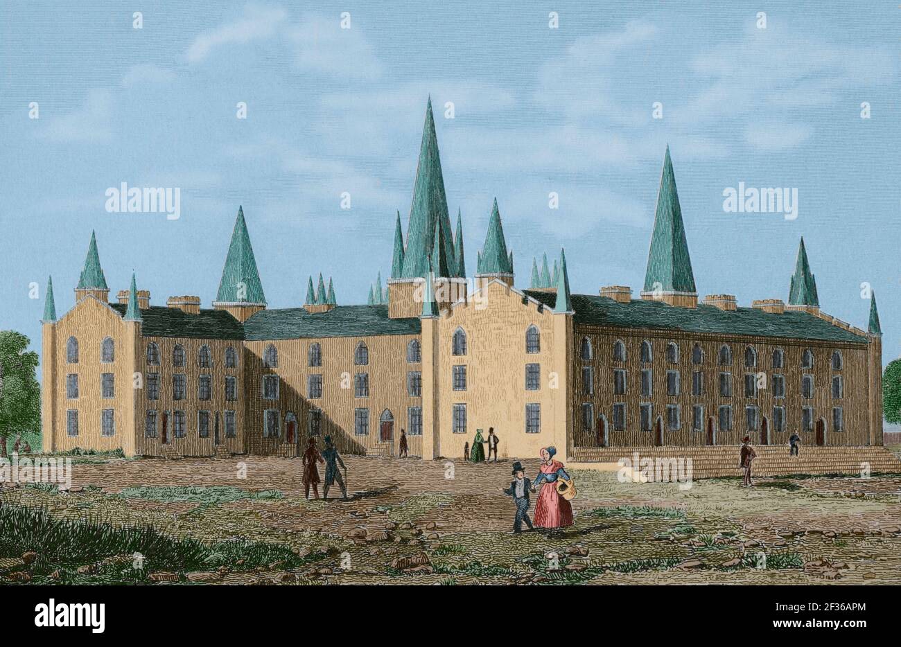 Usa, Ohio, Gambier. Old Kenyon am Kenyon College. Es wurde 1824 von Bischof Philander Chase gegründet. Old Kenyon, das älteste Gebäude auf dem Campus (1827-1836), entworfen von Reverend Norman Nash und Bischof Chase. Gilt als das früheste Beispiel der Collegiate Gothic in den Vereinigten Staaten. Campus von Kenyon. Gravur von Traversier. Panorama Universal. Geschichte der Vereinigten Staaten von Amerika, von 1st Ausgabe von Jean B.G. Roux de Rochelle's Etats-Unis d'Amérique im Jahr 1837. Spanische Ausgabe, gedruckt in Barcelona, 1850. Spätere Färbung. Stockfoto