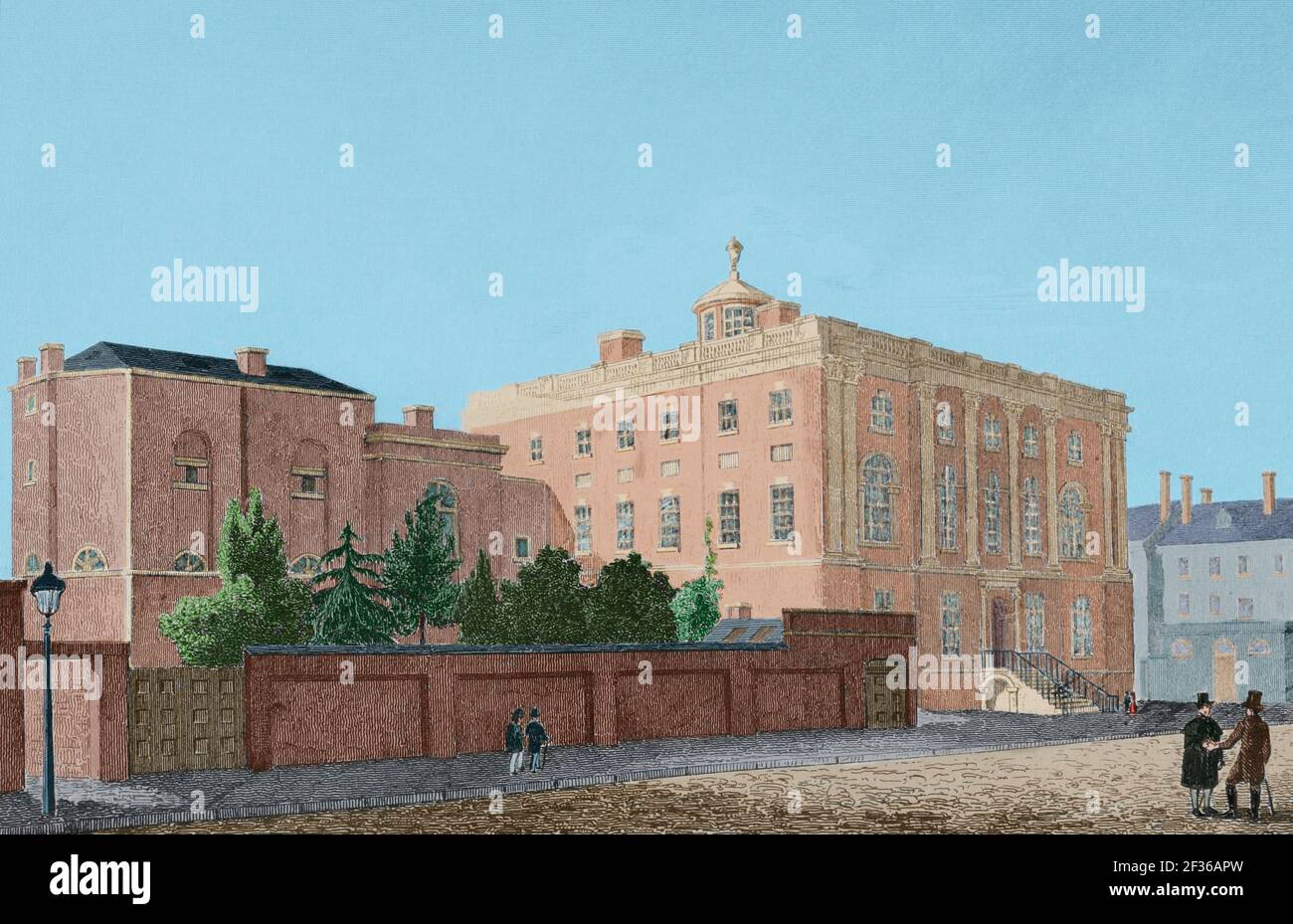 Usa. Universität von Pennsylvania, in Philadelphia. Die Universität besetzte das 1790 erbaute "Präsidientenhaus" von 1801 bis 1829. Es wurde 1829 abgerissen und zwei neue Universitätsgebäude wurden an der gleichen Stelle errichtet. Präsidentenhaus von Südosten aus gesehen, mit 1806-1807 Medical Departament Flügel (links). Gravur. Panorama Universal. Geschichte der Vereinigten Staaten von Amerika, von 1st Ausgabe von Jean B.G. Roux de Rochelle's Etats-Unis d'Amérique im Jahr 1837. Spanische Ausgabe, gedruckt in Barcelona, 1850. Spätere Färbung. Stockfoto