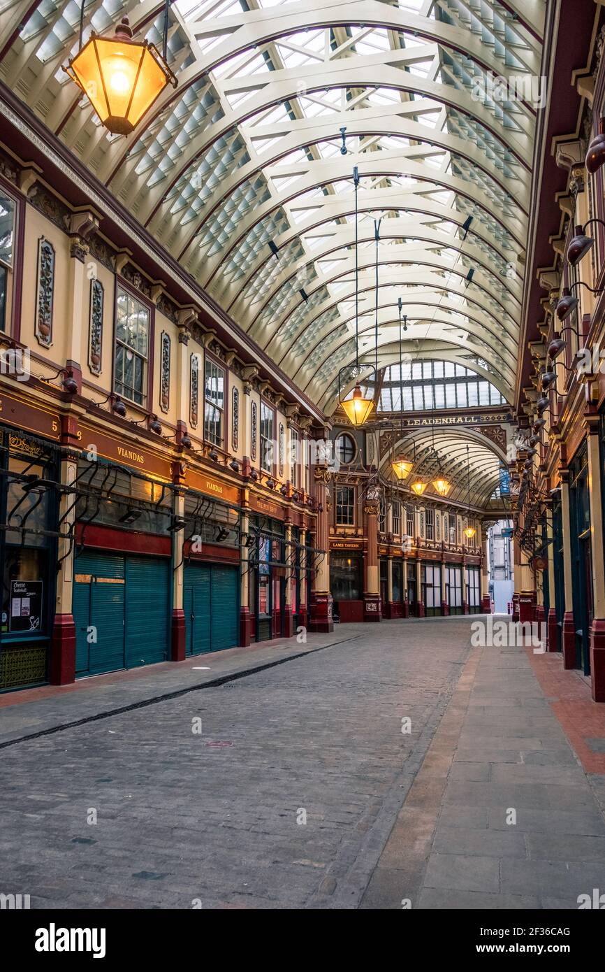 Ein dessered Leadenhall Markt während der 2021 covid-19 Lockdown in der Stadt London, Großbritannien. Stockfoto