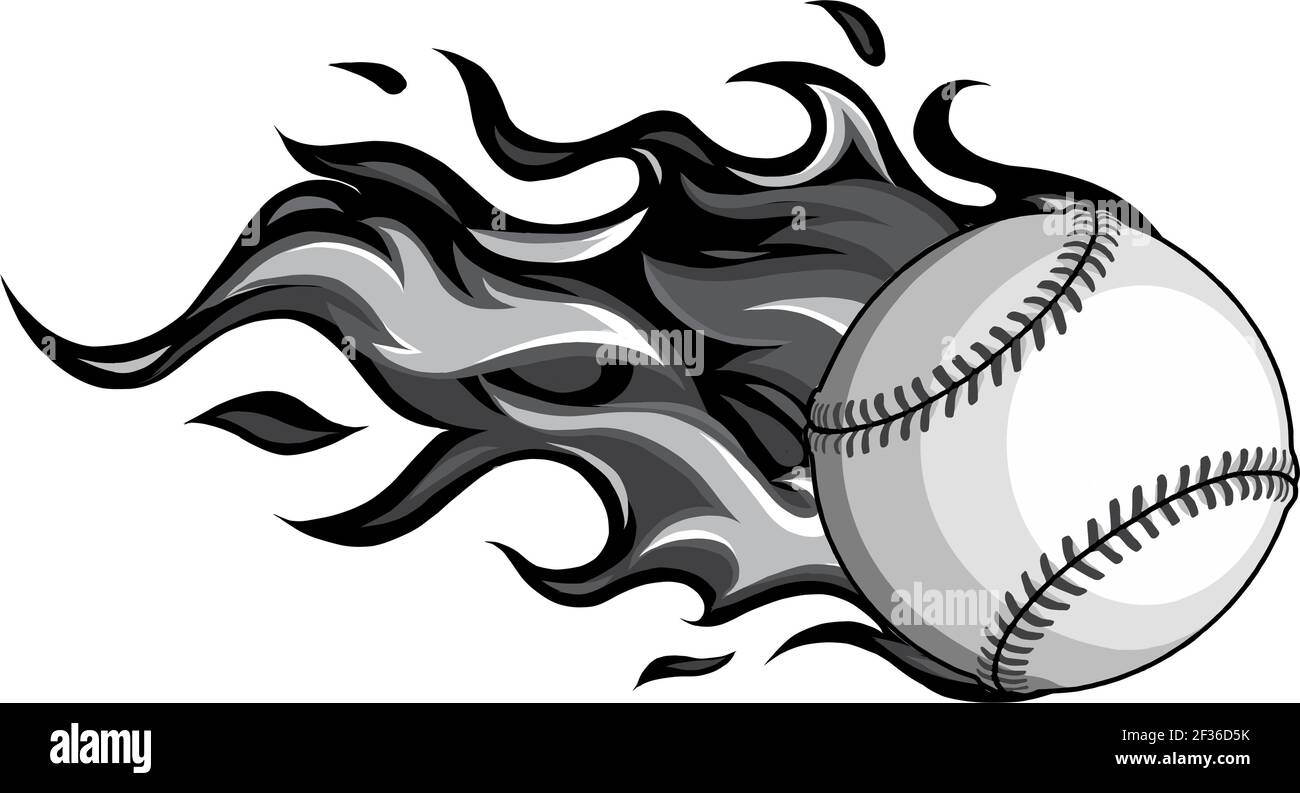 Monochromatischer Baseball mit Flammen in weißem Hintergrund Vektor-Illustration Stock Vektor