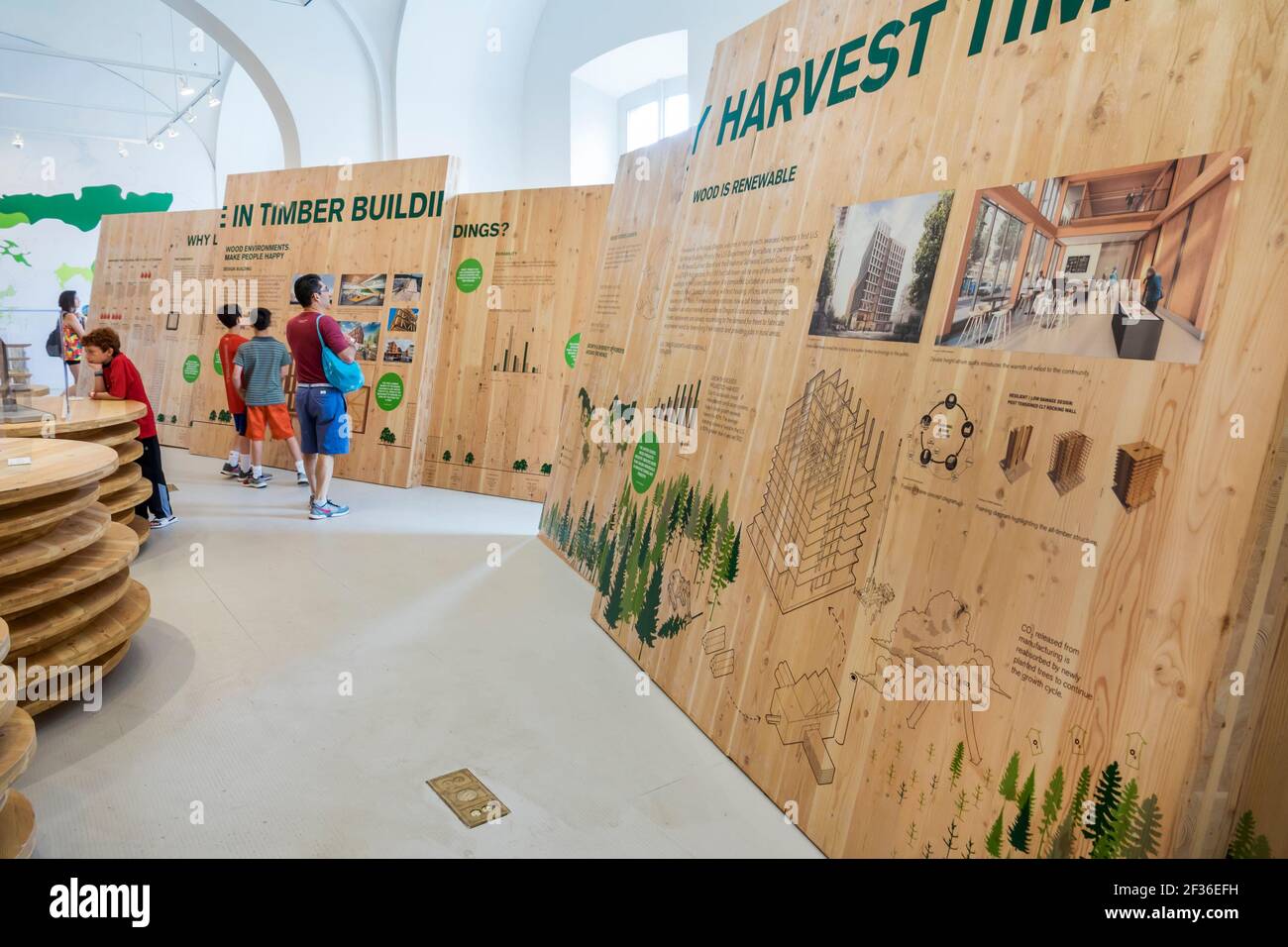Washington DC, National Building Museum Pension Building, Ausstellung Holzbau in der Holzstadt, Vater Sohn Söhne Junge Jungen, die lesen, Stockfoto