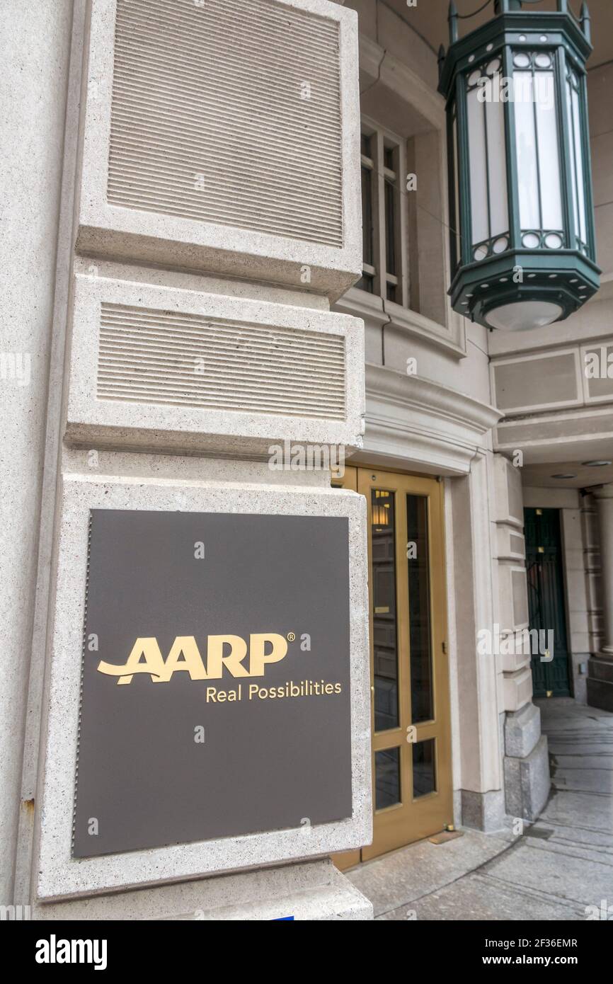 Washington DC, District of Columbia, AARP Gebäude Eingang Schild Hauptquartier American Association Rentner, Stockfoto