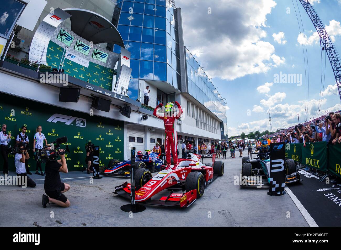 SCHUMACHER Mick, Prema Racing, Portrait, feiert seinen Sieg während der FIA Formel 2 Meisterschaft 2019 vom 1. Bis 4. august, Hungaroring, Budapest in Ungarn - Foto Sebastiaan Rozendaal / DPPI Stockfoto