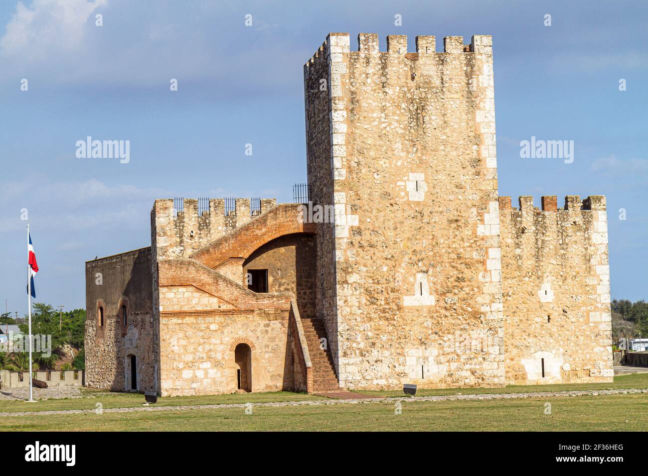 Santo Domingo Dominikanische Republik, Ciudad Colonial Fortaleza Ozama Festung, erbaut 1502 militärische mittelalterliche Architektur Turm, Stockfoto