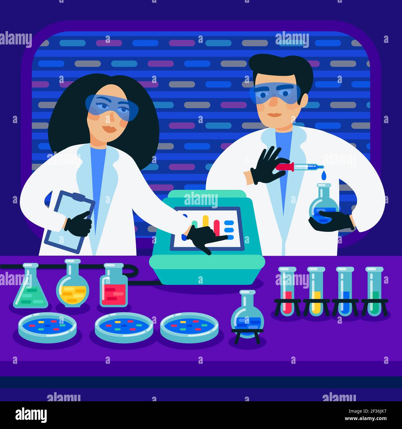 Genom-Sequenzierung Konzept. Wissenschaftler, die im Labor der Nanotechnologie oder Biochemie arbeiten. Molecule Helix der DNA, des Genoms oder der Genstruktur. Menschliche Generation Stock Vektor