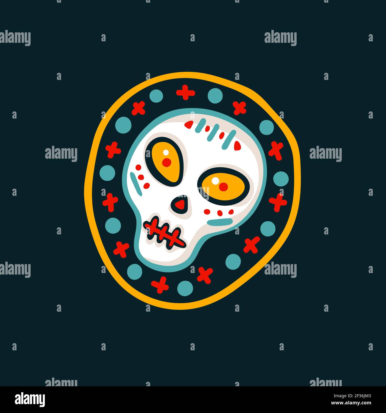Dia de Los Muertos. Day of the Dead Abbildung mit Zucker festlichen Totenschädel auf dunklem Hintergrund. Cartoon Vektorgrafik. Stock Vektor