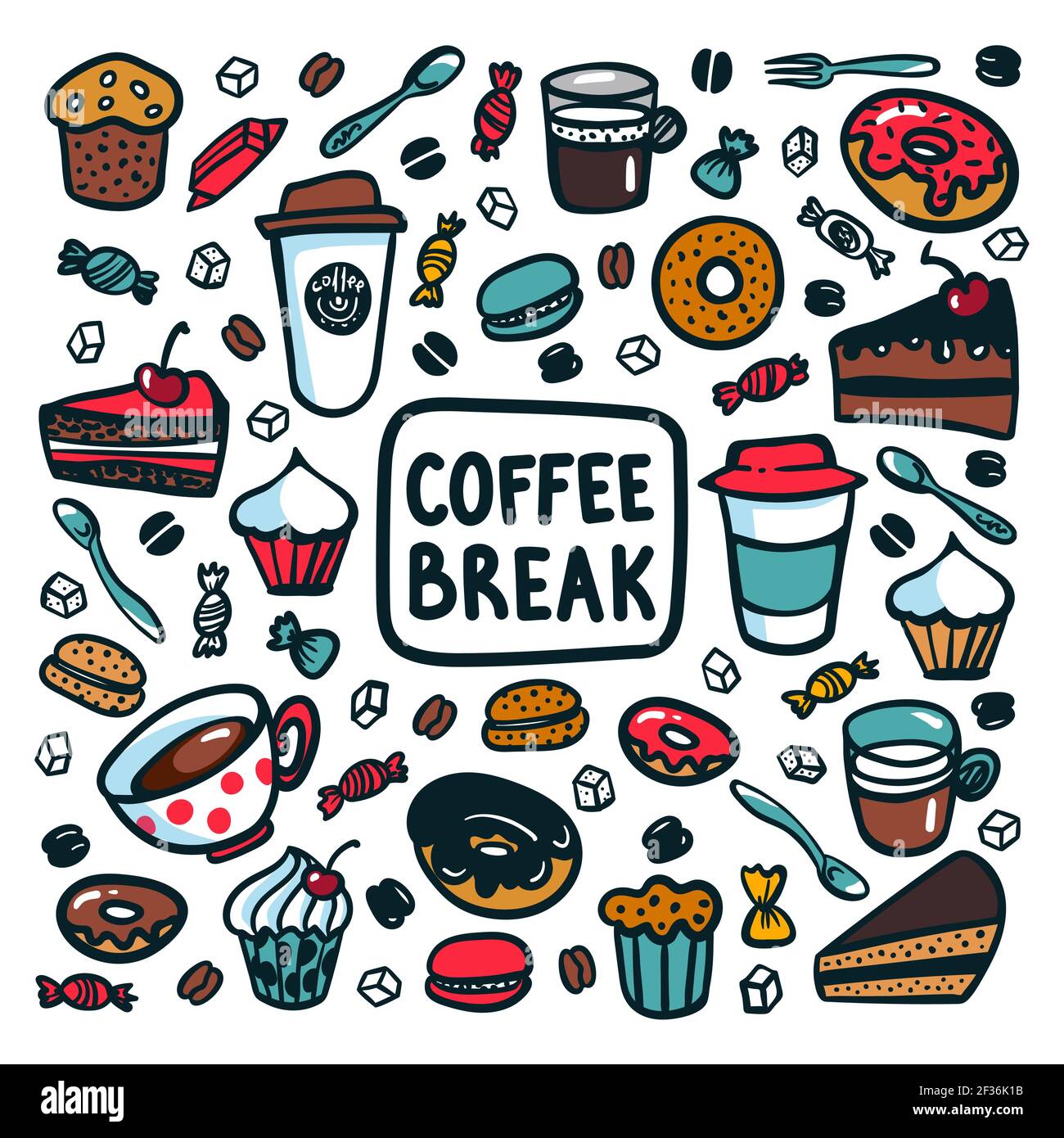 Kaffeepause-Konzept. Zeit für eine Kaffeepause. Bunte Doodle Stil Cartoon Satz von Objekten und Symbolen auf Kaffee Zeit Thema. Kaffeetassen und Süßigkeiten Stock Vektor