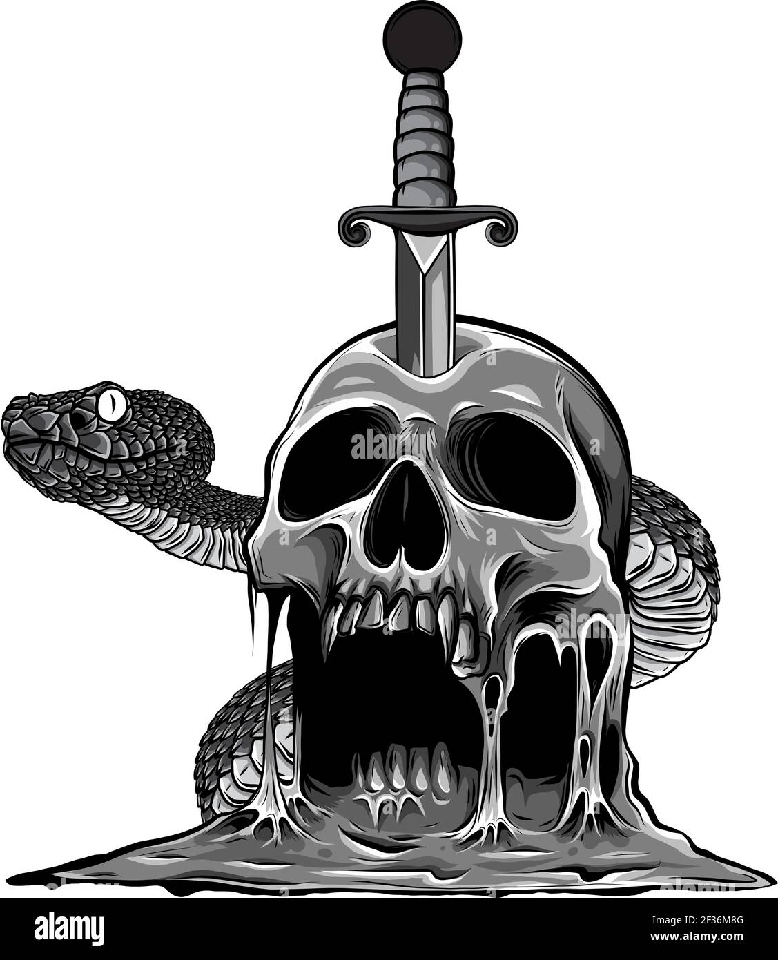 Monochromatisches buntes Tattoo-Design mit Totenkopf und Schlange. vektor-Illustration. Stock Vektor