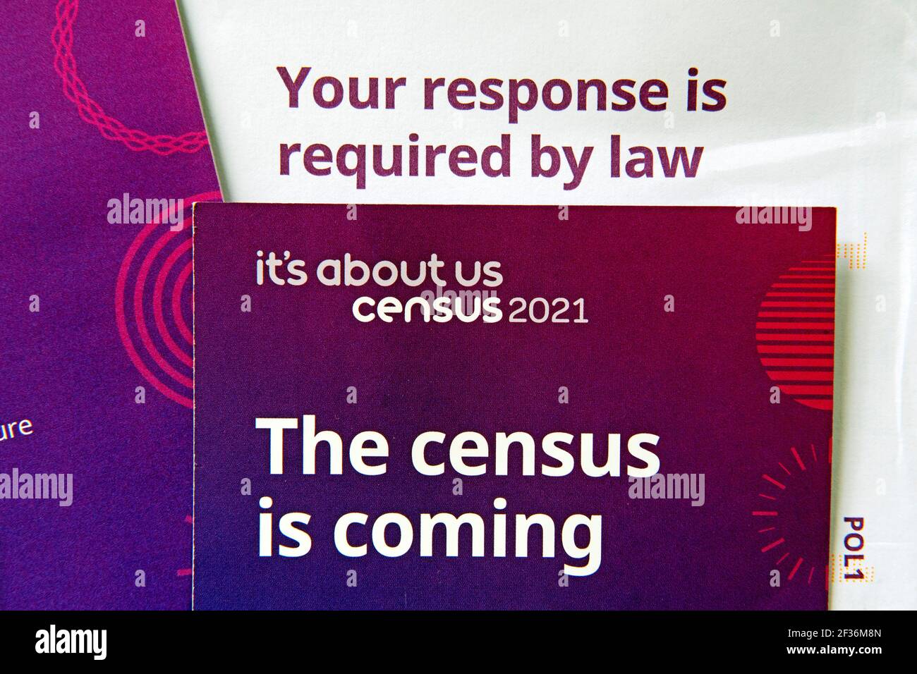 UK Census Informationsschreiben und Flugblätter von der geschickt Amt für Nationale Statistik für die Volkszählung 2021 eine rechtliche Anforderung Stockfoto