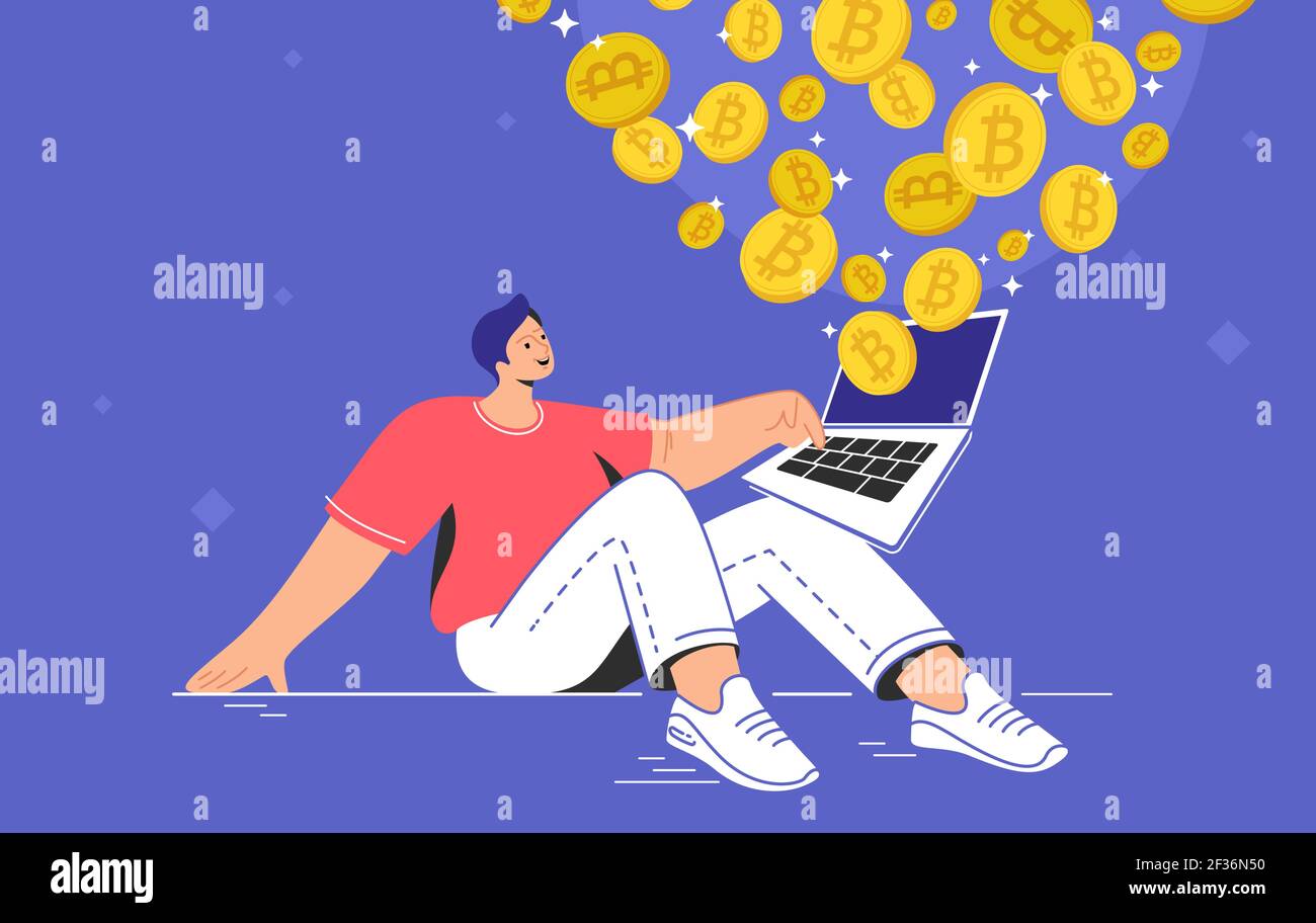 Junger Mann, der allein sitzt und Bitcoins kauft oder verkauft Notebook Stock Vektor