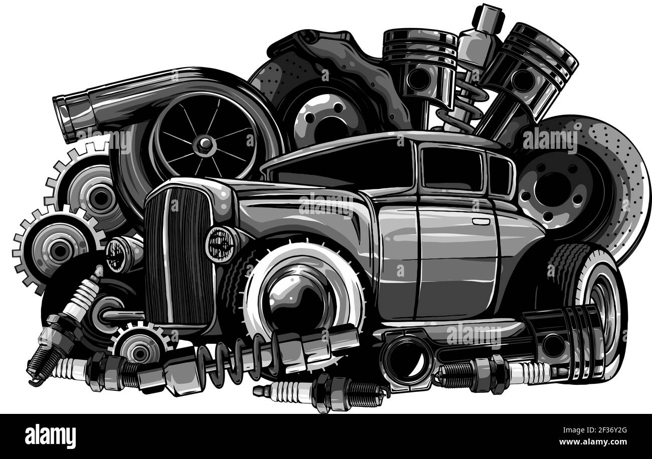 Monochromatisch Vintage Auto Komponenten Sammlung mit Automobil Motor  Motorkolben Lenkradreifen Scheinwerfer Tachometer Getriebe Stoßdämpfer  Stock-Vektorgrafik - Alamy