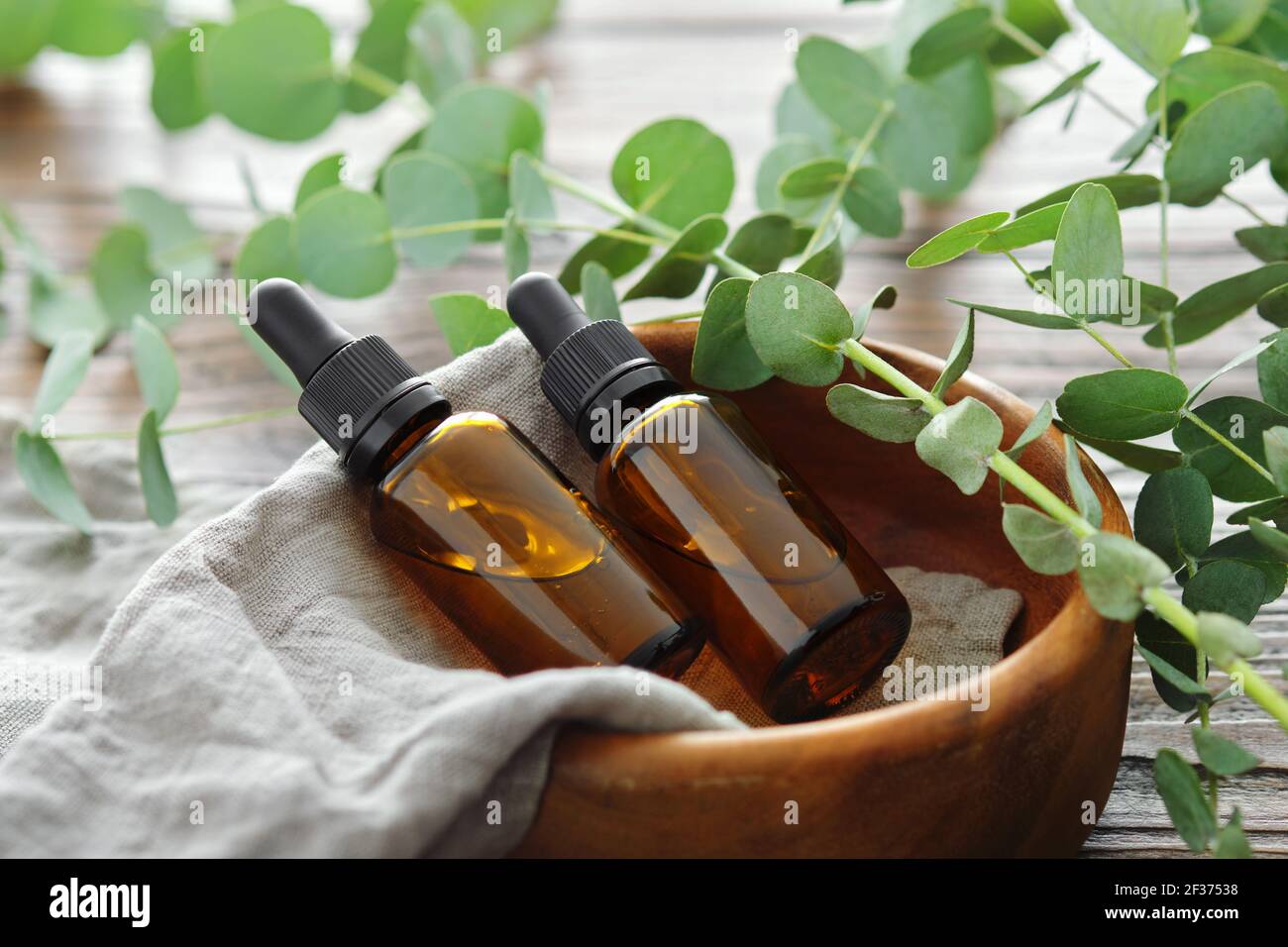 Zwei Flaschen ätherisches Eukalyptus-Öl in Holzschale und Eukalyptus-Zweige auf dem Tisch. Alternative Medizin. Stockfoto