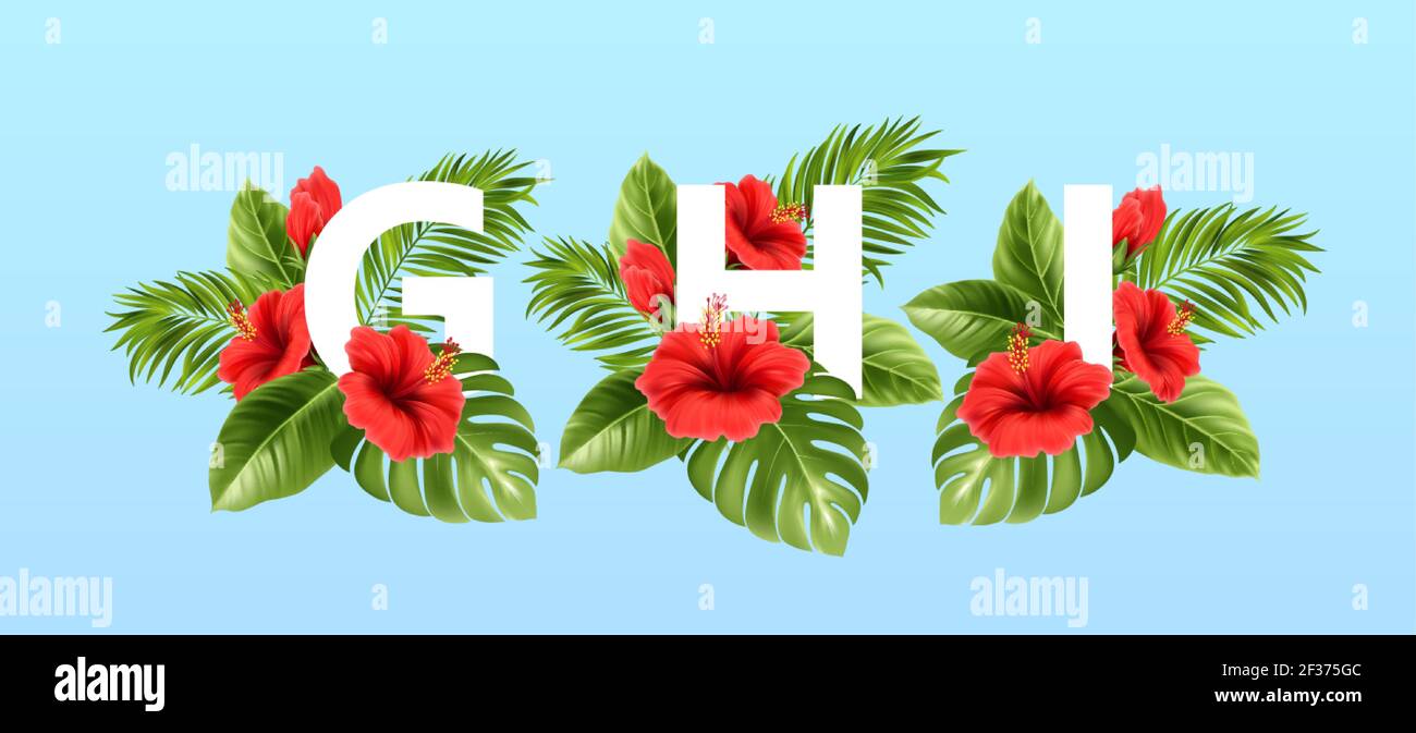 G H I Buchstaben umgeben von tropischen Sommerblättern und roten Hibiskusblüten. Tropische Schrift für die Sommerdekoration. Vektorgrafik Stock Vektor