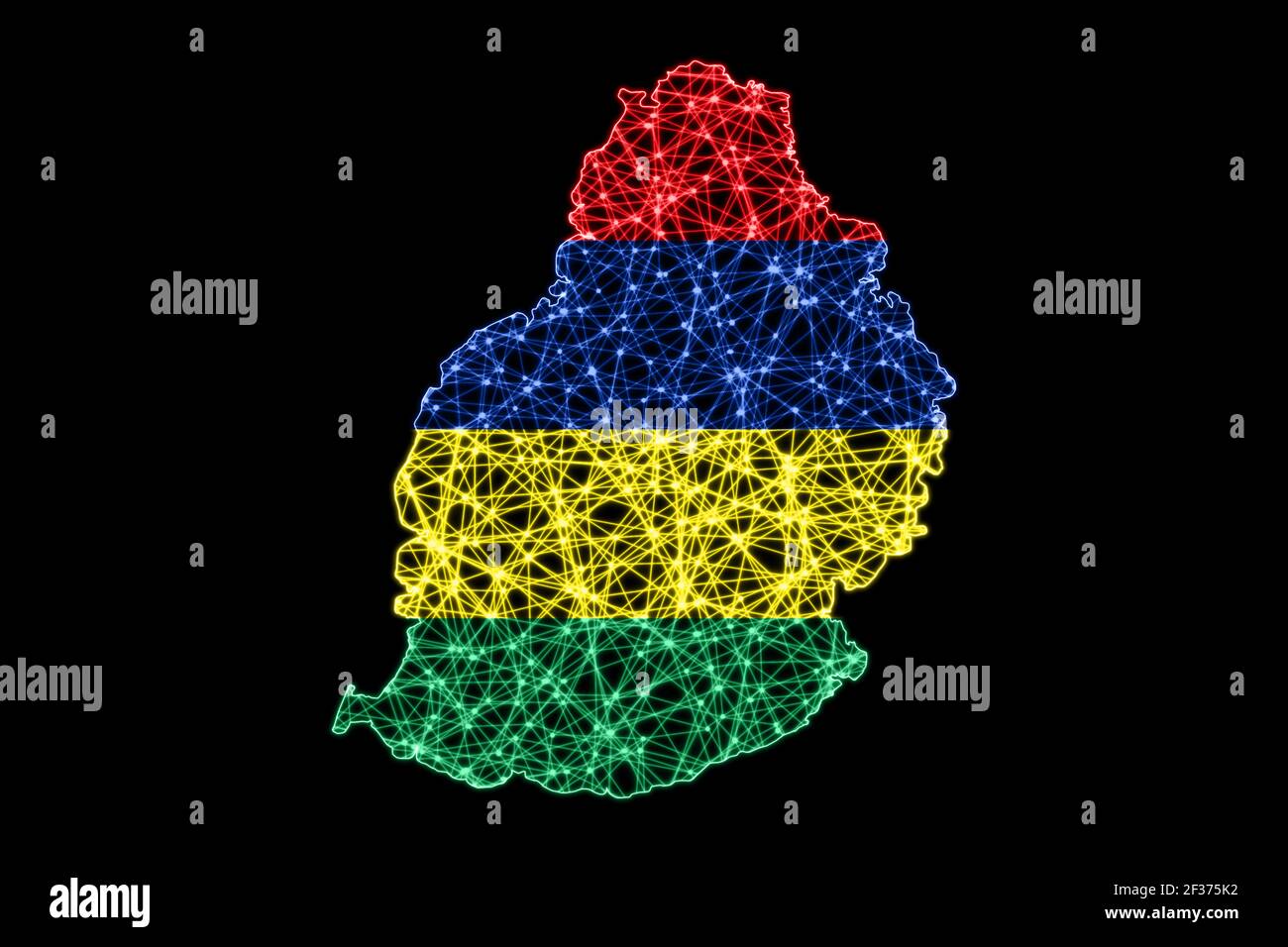 Karte von Mauritius, Polygonale Netzlinienkarte, Flaggenkarte Stockfoto