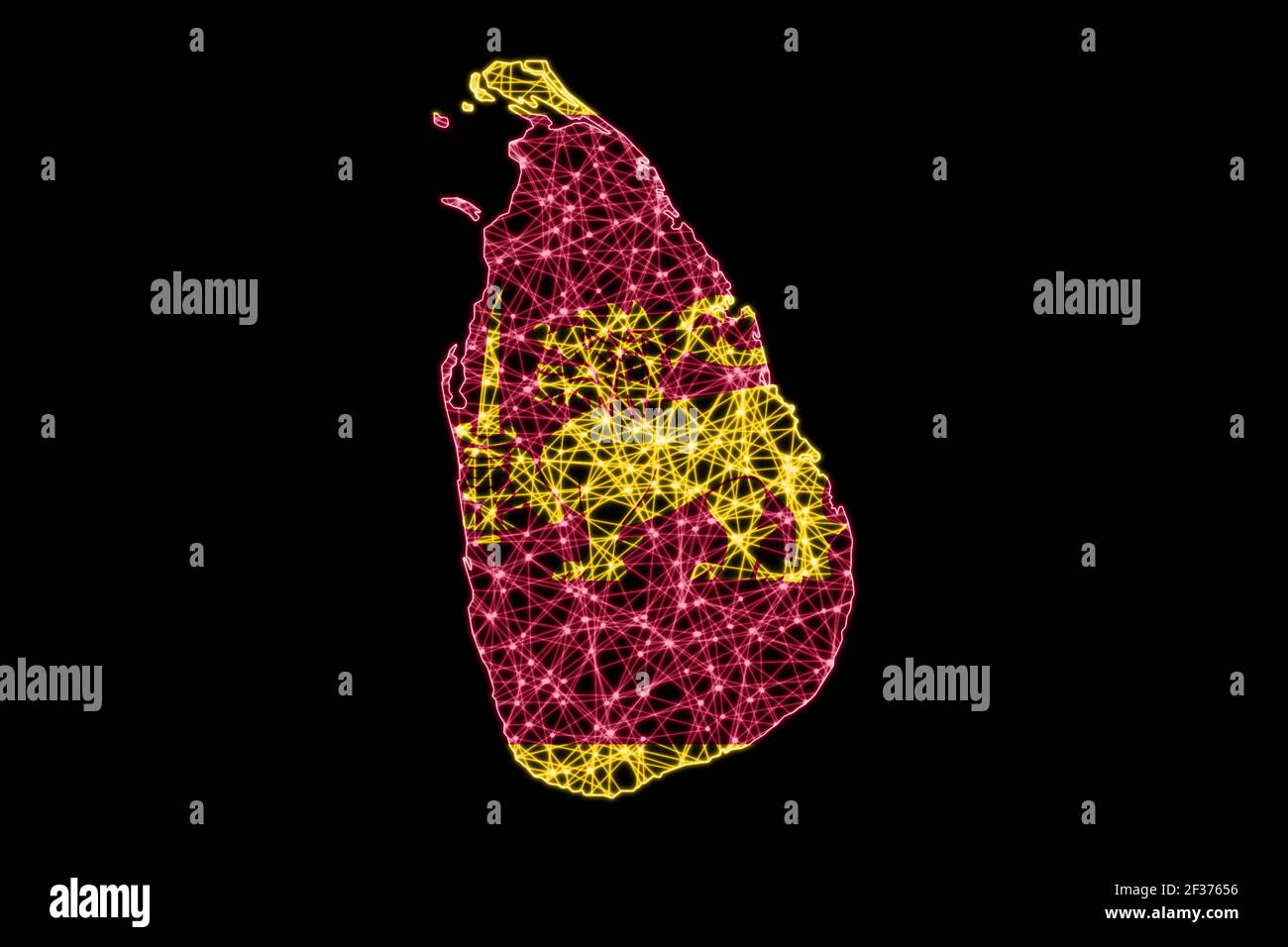 Karte von Sri Lanka, Polygonale Netzlinienkarte, Flaggenkarte Stockfoto