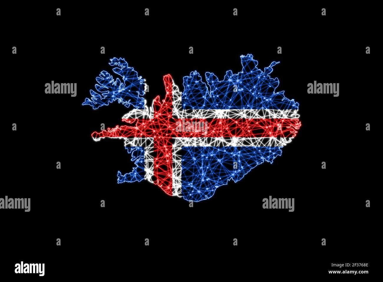 Karte von Island, Polygonal-Netzlinienkarte, Flaggenkarte Stockfoto