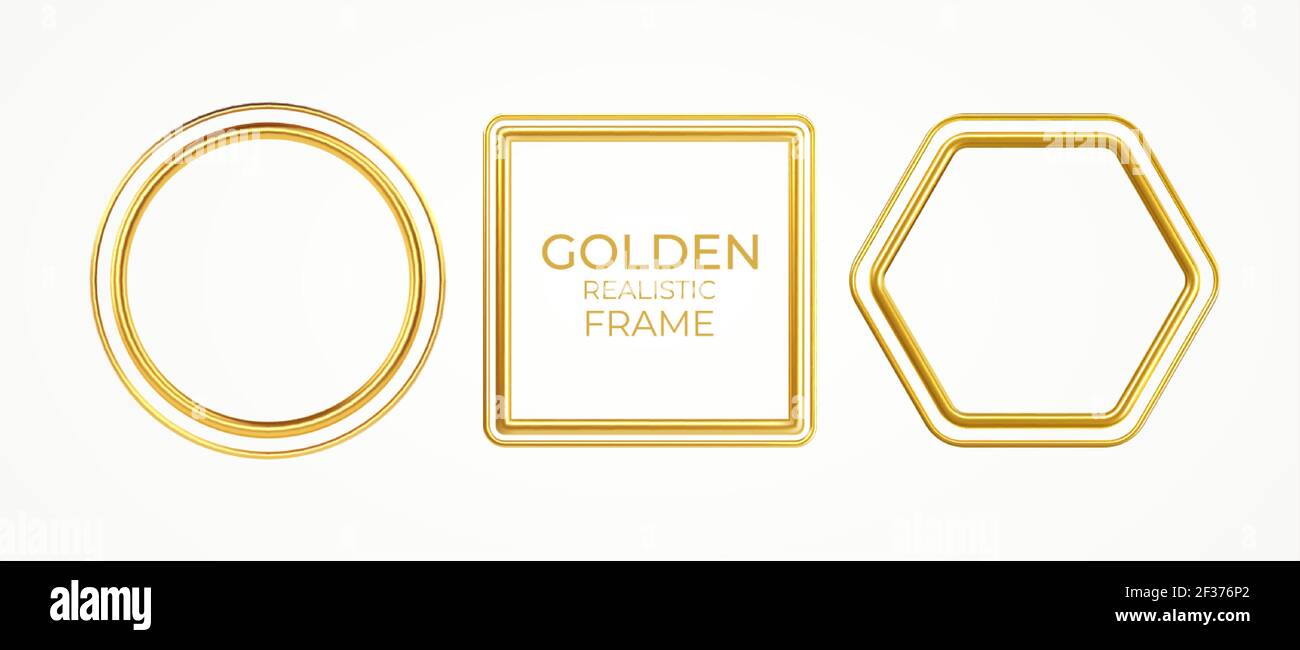Set aus Gold Metall realistische Rahmen von verschiedenen Formen isoliert auf weißem Hintergrund. Vektorgrafik Stock Vektor