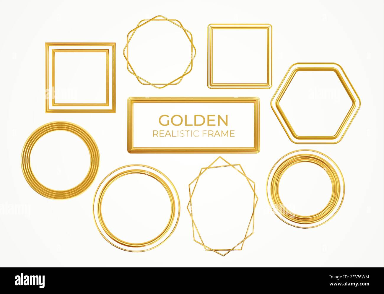 Set aus Gold Metall realistische Rahmen von verschiedenen Formen isoliert auf weißem Hintergrund. Vektorgrafik Stock Vektor