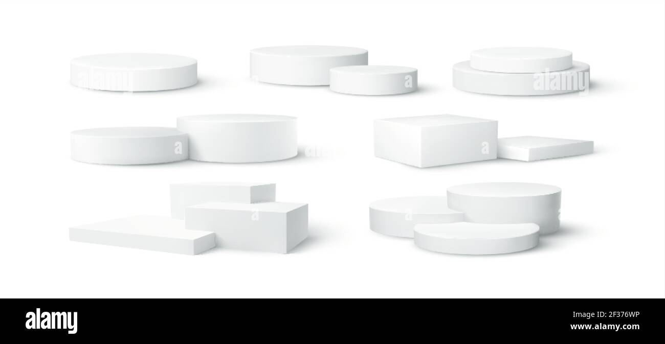 Set von realistischen weißen leeren Produkt Podium Szene isoliert auf weißem Hintergrund. Vektorgrafik Stock Vektor