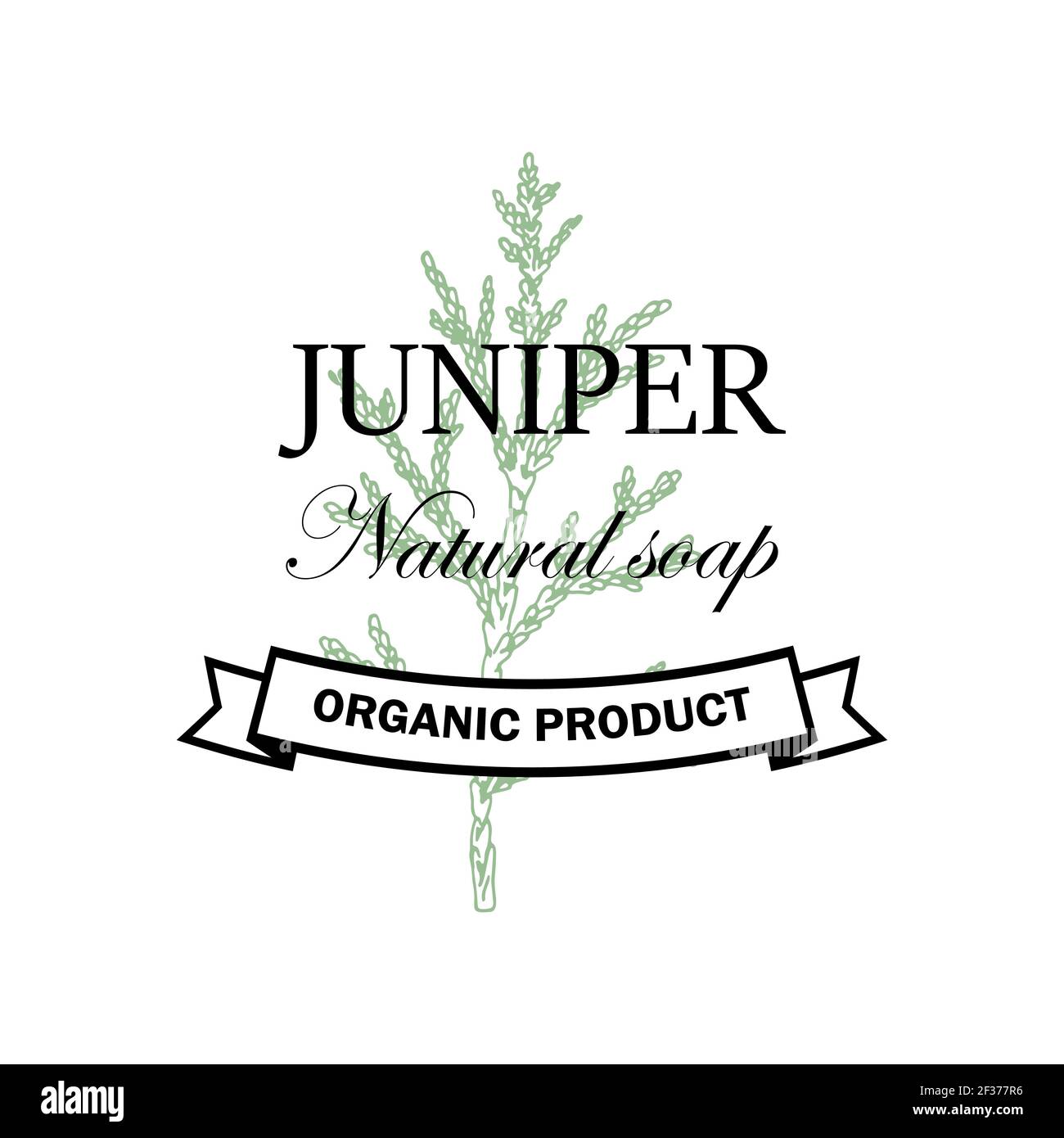 Juniper Naturseife Logo mit handgezeichneten Element isoliert auf weißem Hintergrund. Vektor-Illustration im Vintage-Stil Stock Vektor
