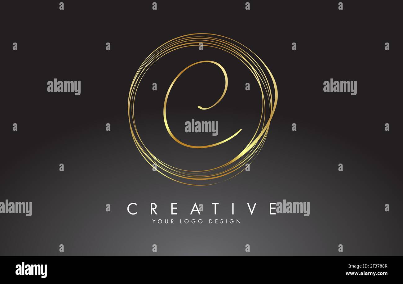 Handgeschriebenes C Golden Letters Logo mit minimalistischem Design. C-Symbol mit kreisförmigen goldenen Kreisen. Creative Stempel Vektor Illustration mit Buchstabe C. Stock Vektor