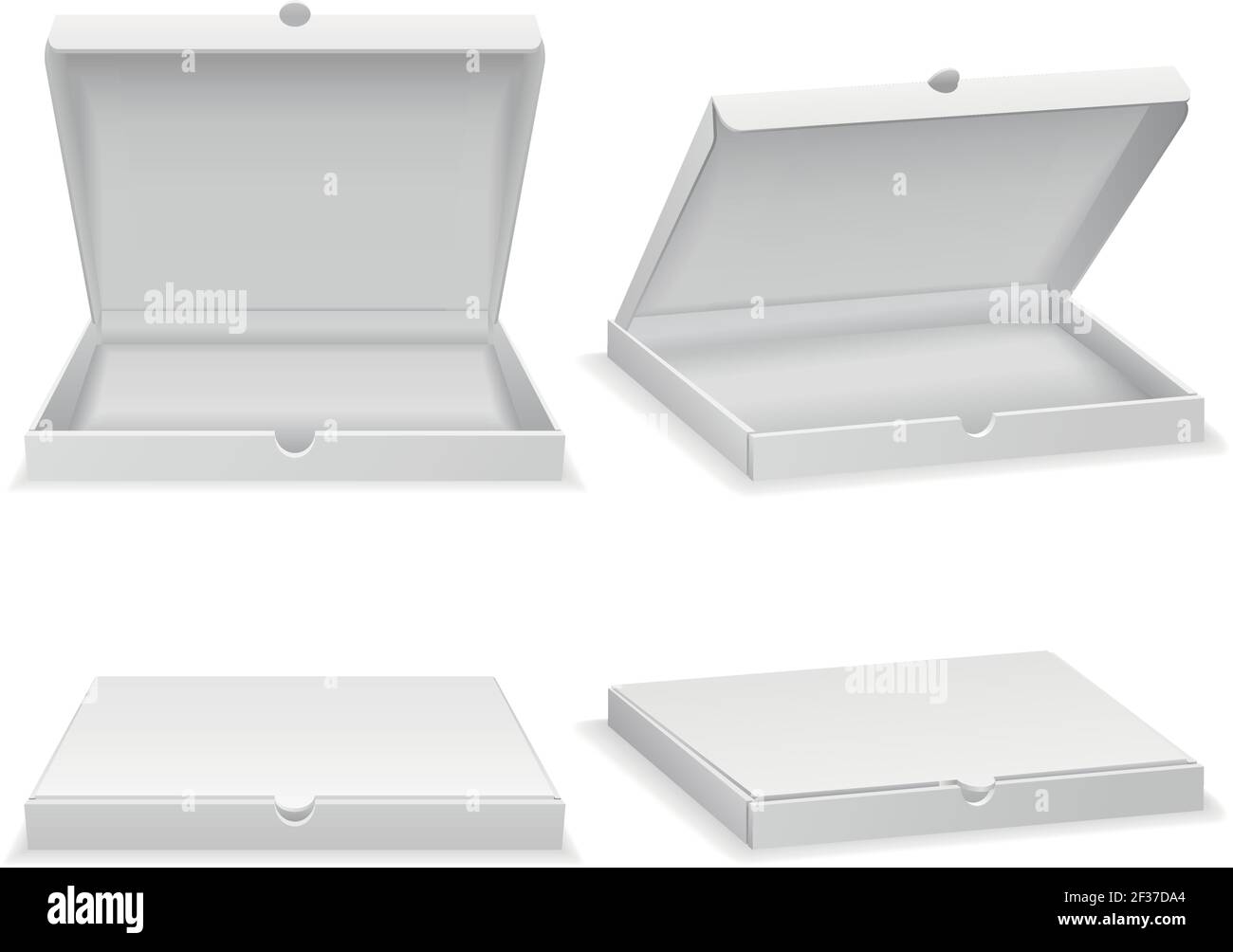 Leere Pizzabox isoliert auf weiß. Offene Kartonbox, geschlossene weiße Box für Fast Food. Vektorgrafik Stock Vektor