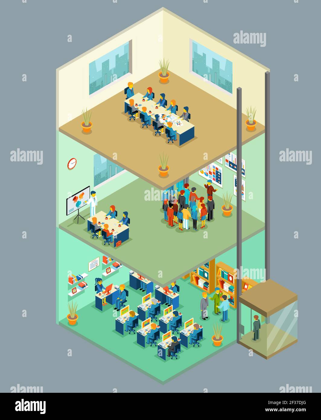 Isometrisches Business Center. Vector 3D Bürogebäude mit Geschäftsleuten. Mehrstufige Business Center für Teamarbeit, Präsentationen und Meetings illustrr Stock Vektor
