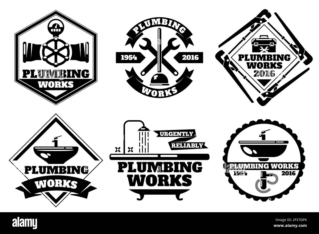 Klempner arbeiten Logo und Kraft Klempneretikett Vektor-Set. Vorlage von Logo Sanitär funktioniert. Dringend zuverlässige Sanitär Arbeit Illustration Stock Vektor