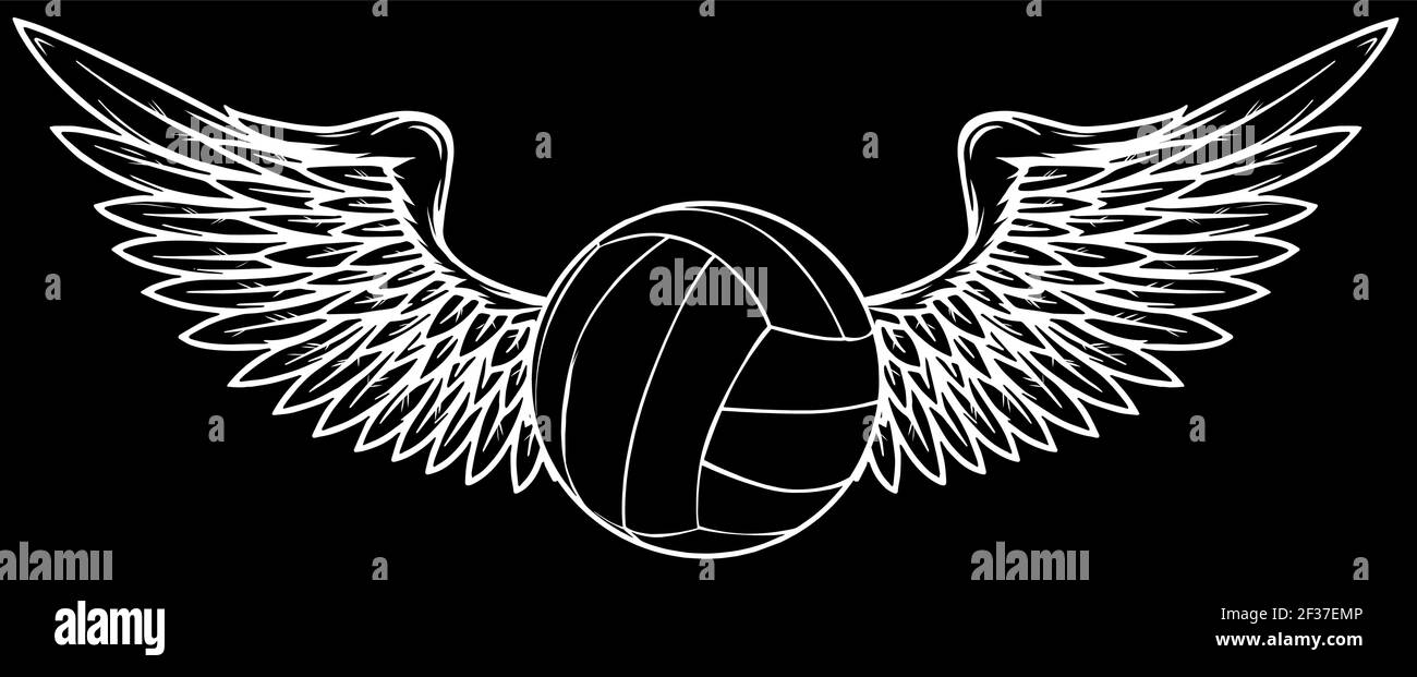 Realistischer Volleyball mit Flügeln Silhouette in schwarzem Hintergrund Stock Vektor
