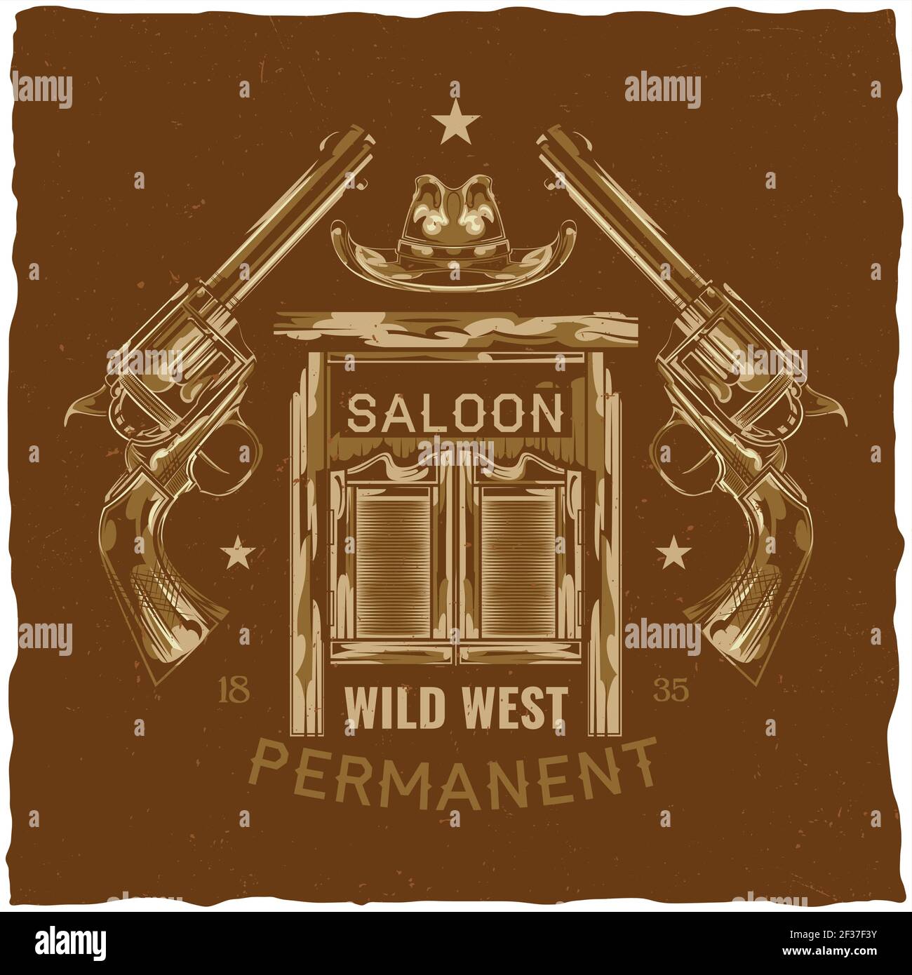 T-Shirt Label Design mit Illustration von Saloon, Hut und Pistolen Stock Vektor