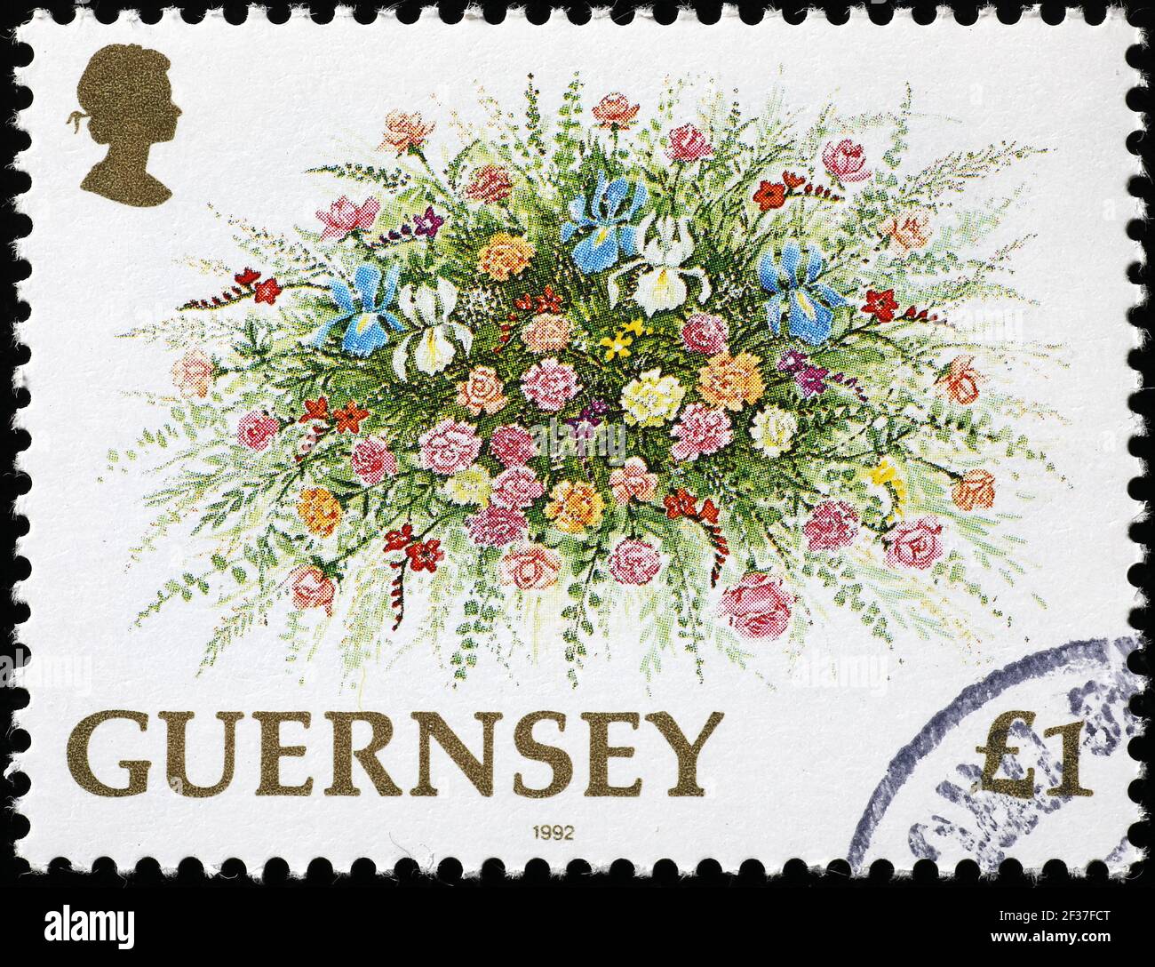Schöner Blumenstrauß auf Briefmarke Stockfoto