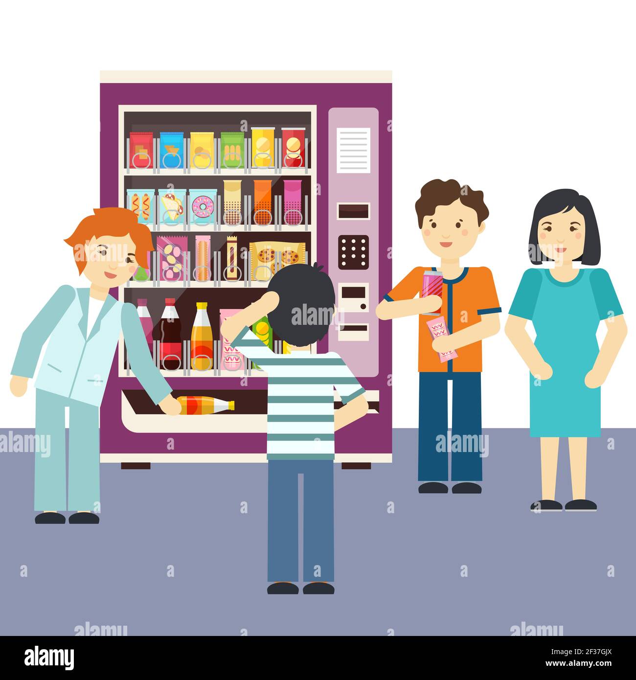 Vektordarstellung „Auswahl an Verkaufsautomaten“. Die Menschen wählen Snacks und Getränke. Getränke und Süßigkeiten und Kekse im Automaten Stock Vektor