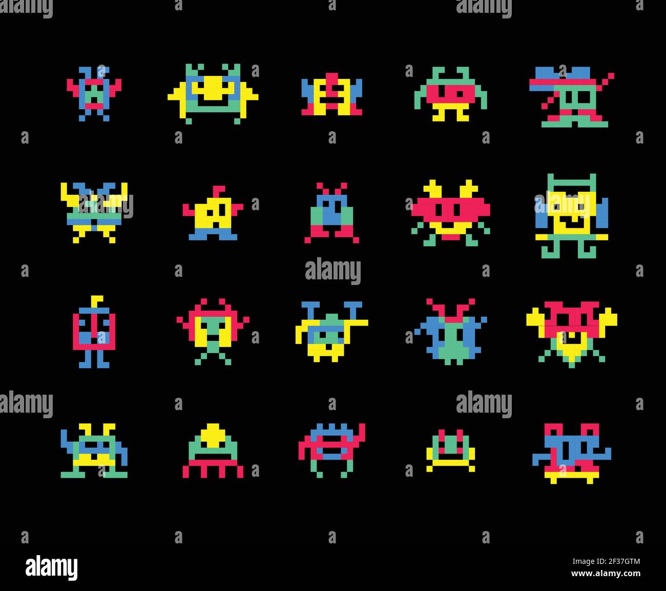 Vektor Pixel Computer Spiel Eindringlinge Vektor Illustration. Farbe Pixel Monster Roboter Charakter für Videospiel Stock Vektor
