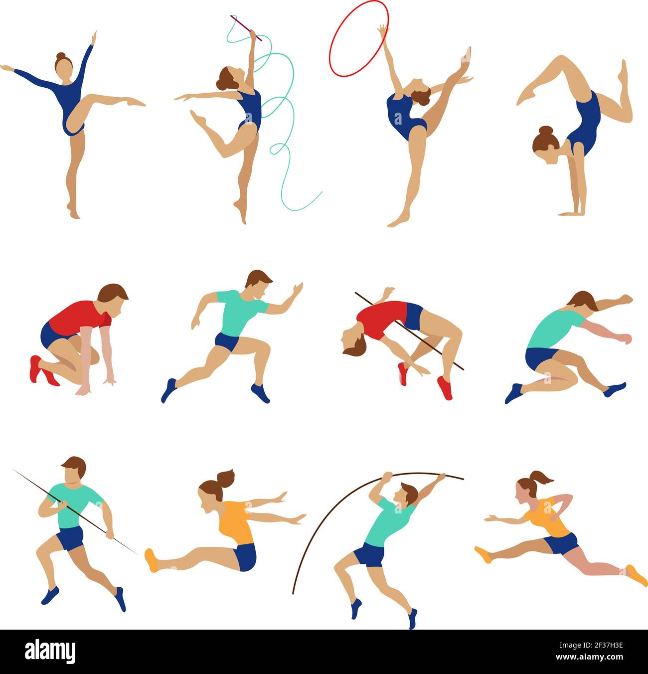 Sportler-Set isoliert auf weißem Hintergrund. Vektor-Illustration für olympische Athleten. Sportathlet Läufer und rhythmische Gymnastik Stock Vektor
