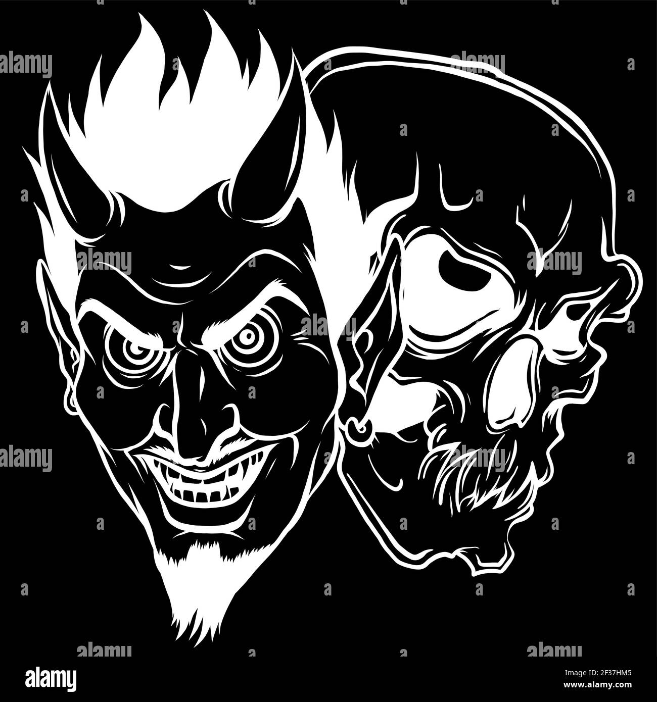 Teufel und Schädel Kopf Silhouette in schwarzem Hintergrund Vektor-Illustration Design Stock Vektor