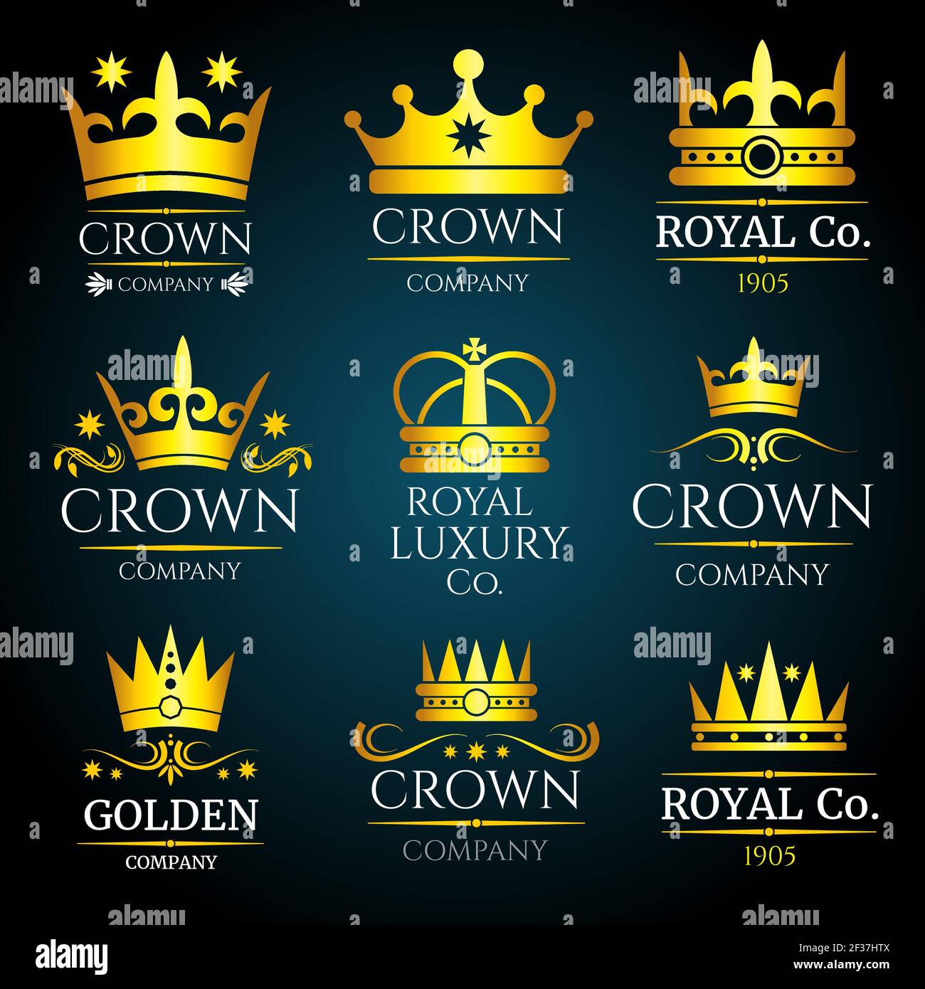 Goldene heraldry Könige und Königin königlichen Kronen auf schwarz gesetzt Vektordarstellung im Hintergrund Stock Vektor
