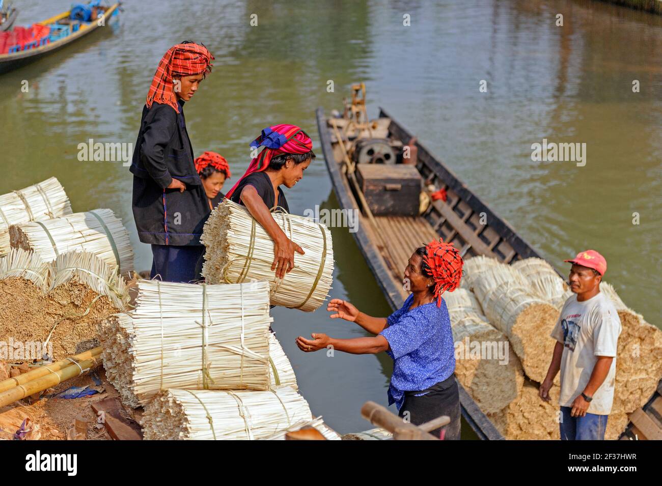 PA Oh (Pa O) Frauen, die Bambusstreifen auf ein Transportboot laden, um auf einem Markt in Inle Lake verkauft zu werden. Myanmar Birma Stockfoto
