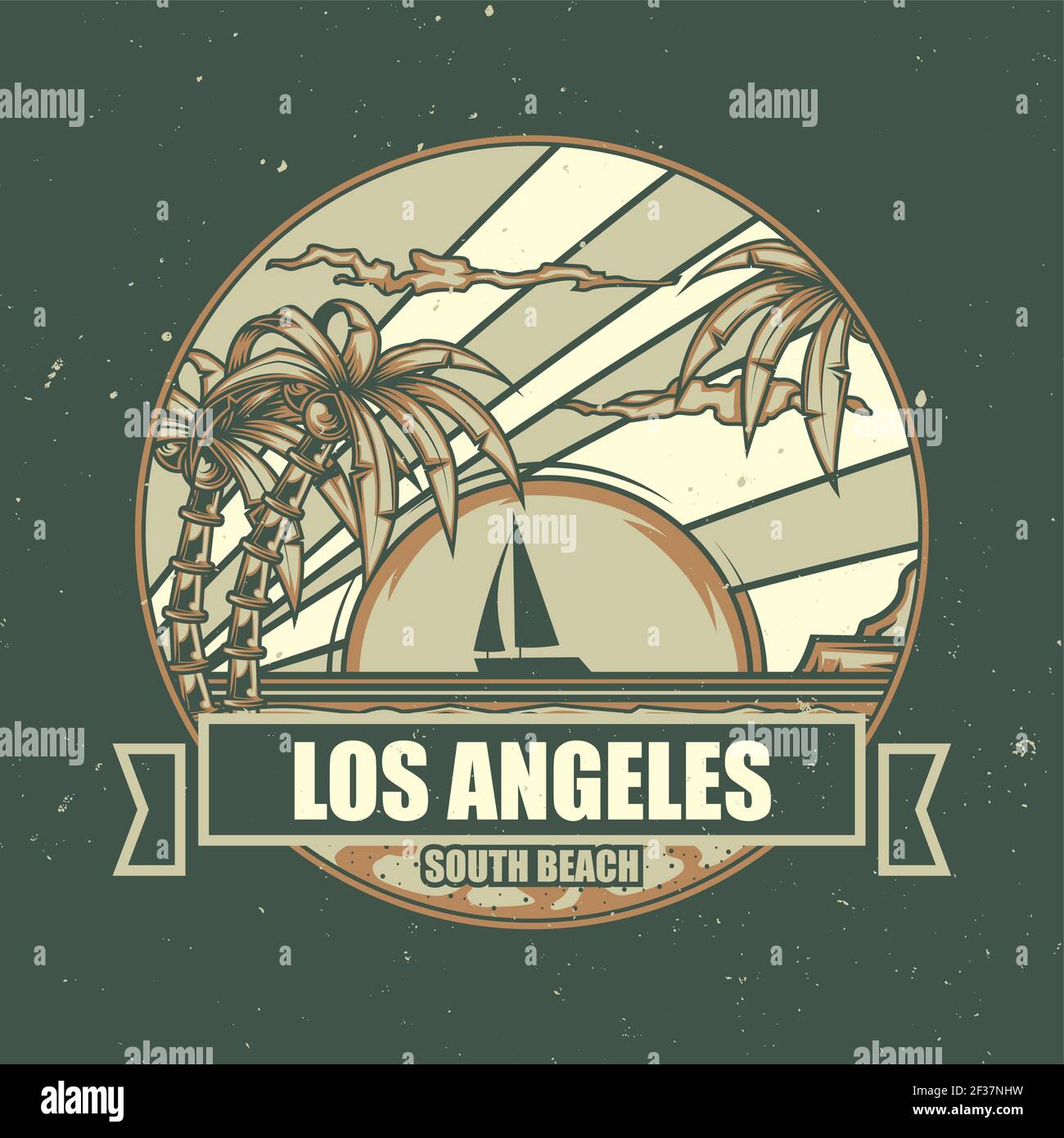 T-Shirt oder Poster Design mit Darstellung des Strandes mit Palmen und Sonnenuntergang im Hintergrund Stock Vektor