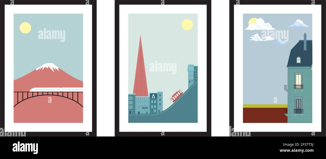 Drei verschiedene Design minimalistischen Poster in schwarzem Rahmen mit minimalistischen Poster Zug Bergwolken Sonne - Vektor Stock Vektor