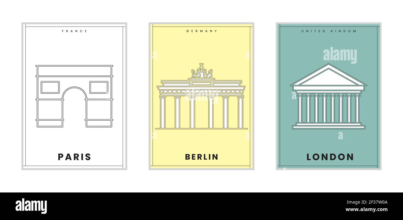 Drei minimalistische Poster von Paris, Berlin, London, Wanddekor, Flachdesign, Poster-Design-Vektor Stock Vektor
