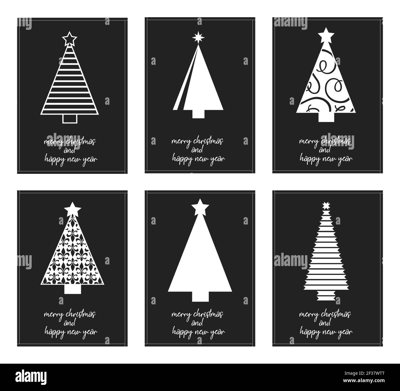Sechs minimalistische Plakate Typografie fröhliche weihnachten und glückliches neues Jahr mit verschiedenen Weihnachtsbaum - Vektor Stock Vektor