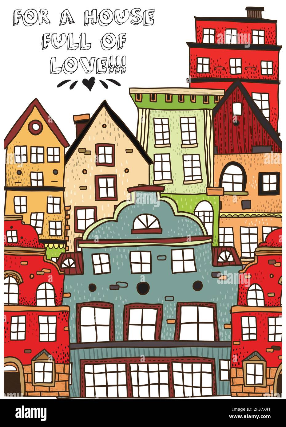 Illustration Poster für Haus voller Liebe, alte Cartoon-Stil Haus, Typografie Kopf, Wanddekor, Liebe Zitate, Grußkarten-Design Stock Vektor