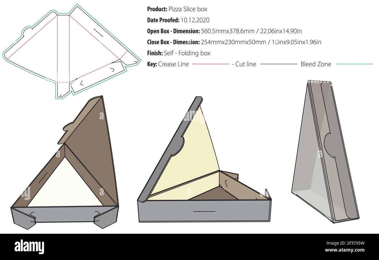 Pizza-Slice-Box mit dreieckiger Basis mit abgerundeter Rückwand - vollständige Abdeckung wiederverschließbare Öffnung mit Verriegelungsvorrichtung Verpackungsvorlage - Vektor Stock Vektor