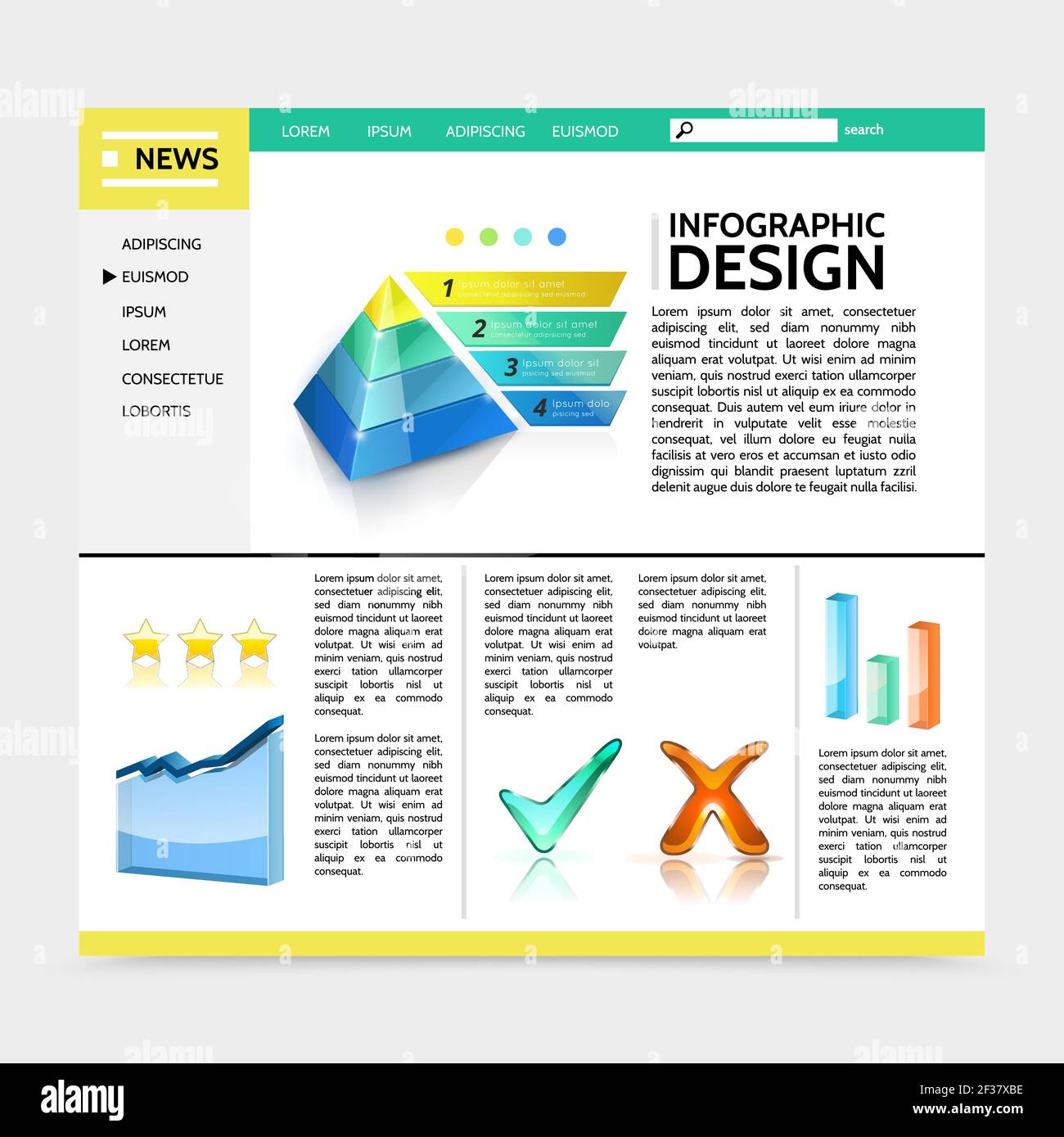 Realistische Infografik Design Website Vorlage mit Marketing Pyramide Grafik bunt Balken Kontrollmarken Band Banner Text Vektor Illustration Stock Vektor