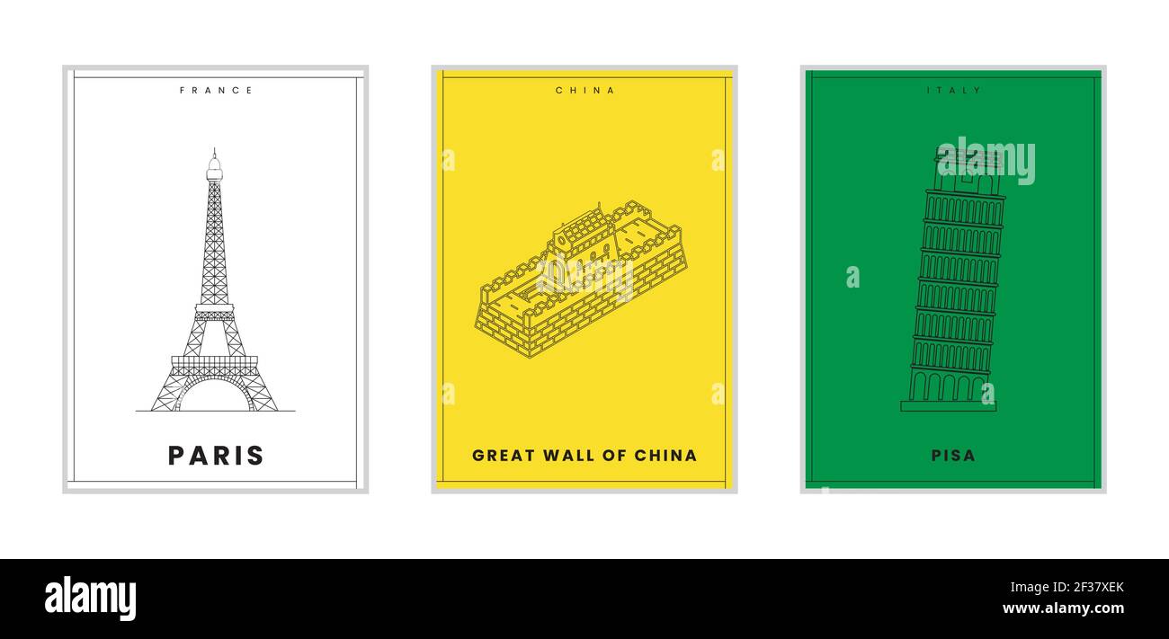 Drei minimalistische Poster von Paris, große Mauer von China, Pisa, Wanddekor, flaches Design, Poster-Design-Vektor Stock Vektor