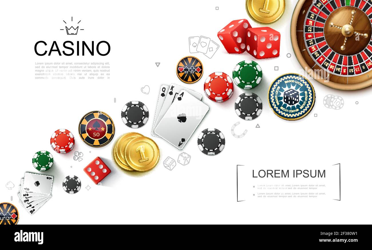 Realistische Casino Elemente Konzept mit Roulette Spiel Würfel Spielkarten Und Poker Chips Vektor Illustration Stock Vektor