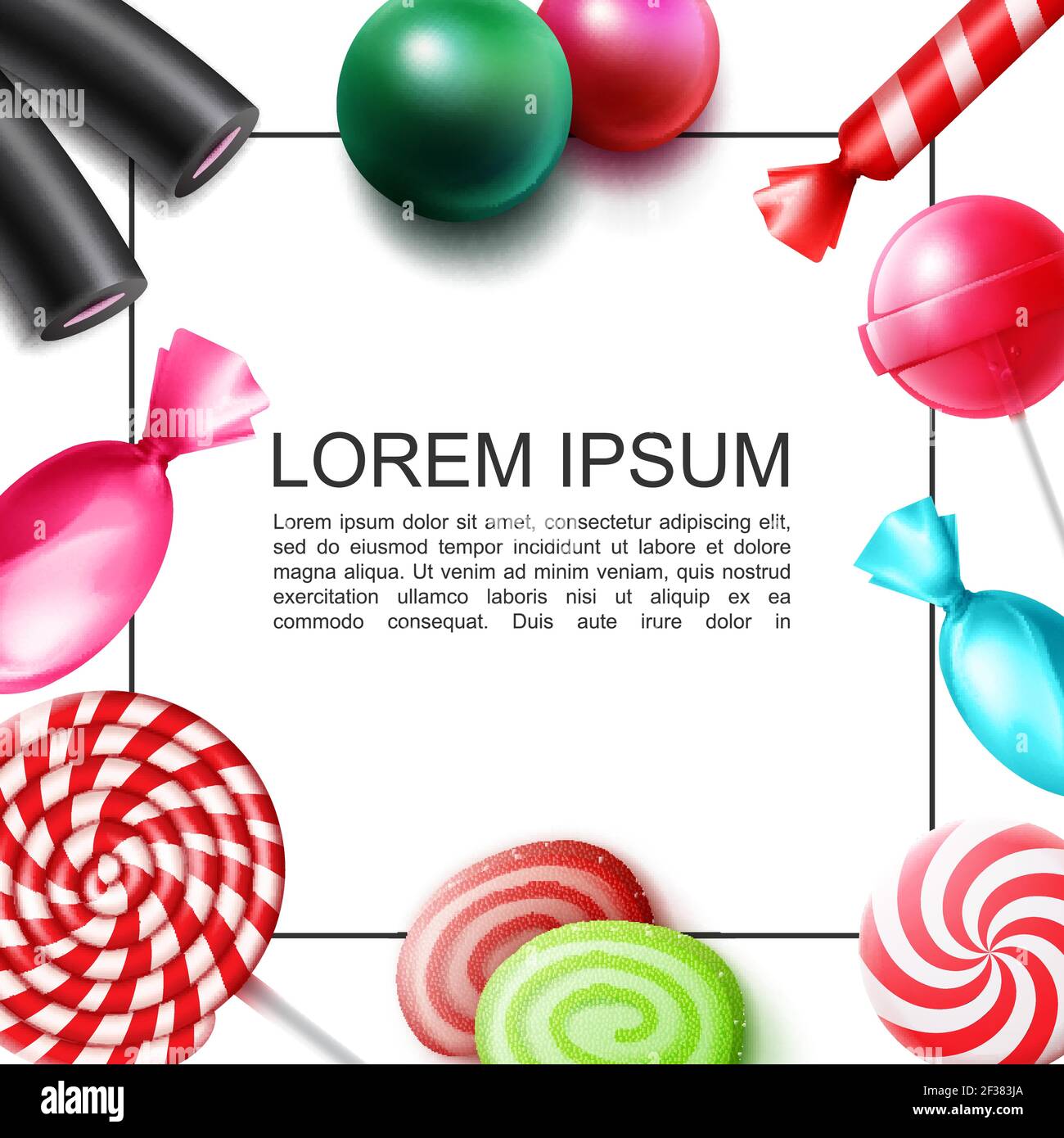 Realistische süße Bonbons buntes Konzept mit Rahmen für Text Bonbons Jelly Gums Lollipops Lakritz Vektorgrafik Stock Vektor