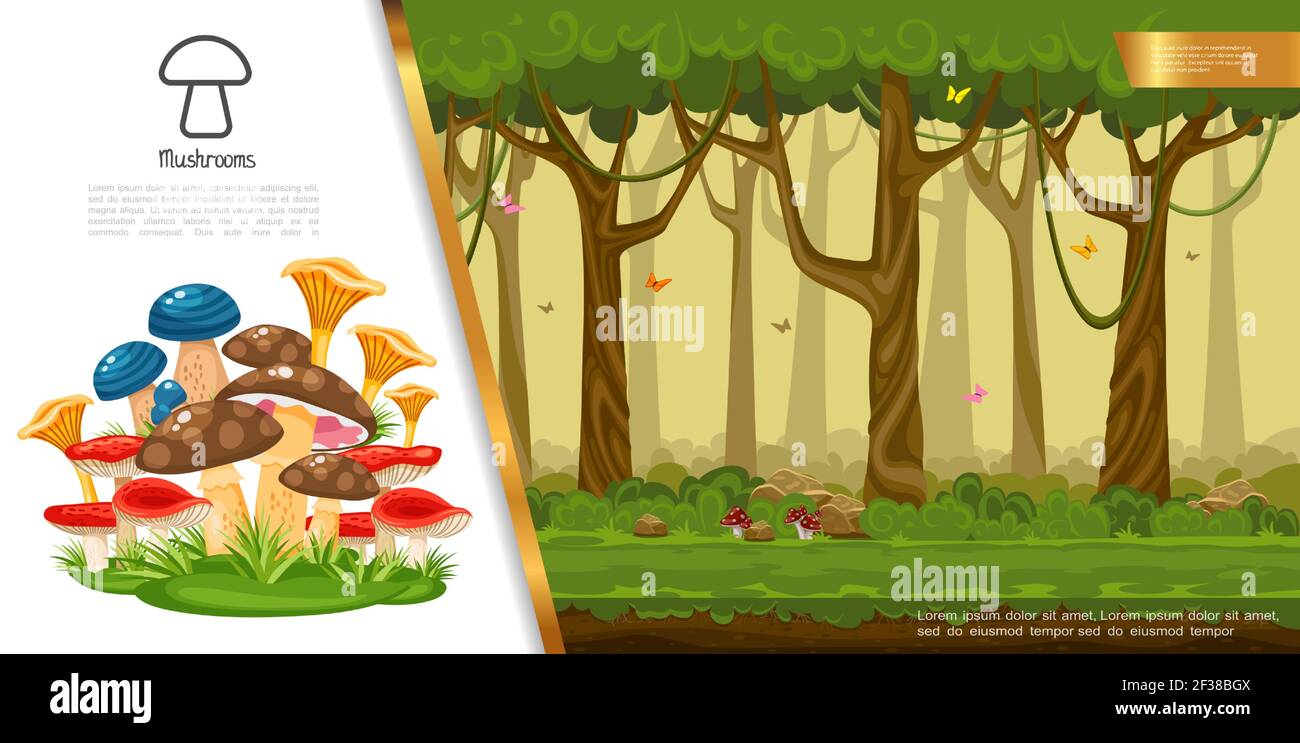Flache essbare Pilze buntes Konzept mit verschiedenen Pilzen wächst in Vektorgrafik Sommer Wald Stock Vektor